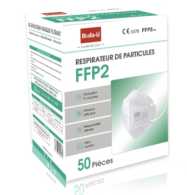 Französische FFP2 Gesichtsmaske, Masken-Respirator FFP2 CER 0370 im französischen verpackenden Kasten, Schutzmaske FFP2 in Frankreich
