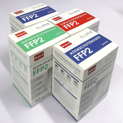 FFP2 Gesichtsmaske-Respirator auf Französisch, spanische, deutsche Verpackung, CER 0370, FFP2 Schutzmaske, schwarzes Weiß
